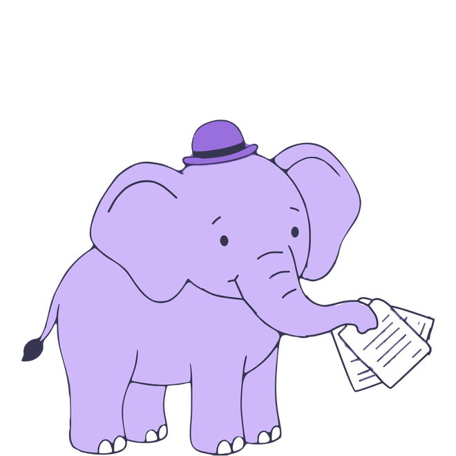 Fred, the frend elephant, holding out a stack of printed caregiver sheets